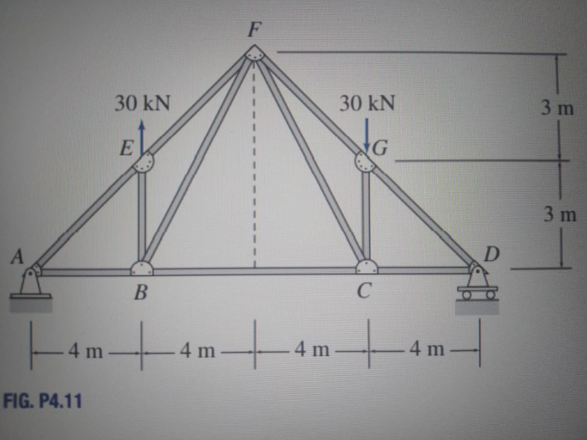 30 kN
30 kN
3 m
NG
3 m
D
A
C
4 m
4 m
4 m
4 m
FIG. P4.11
