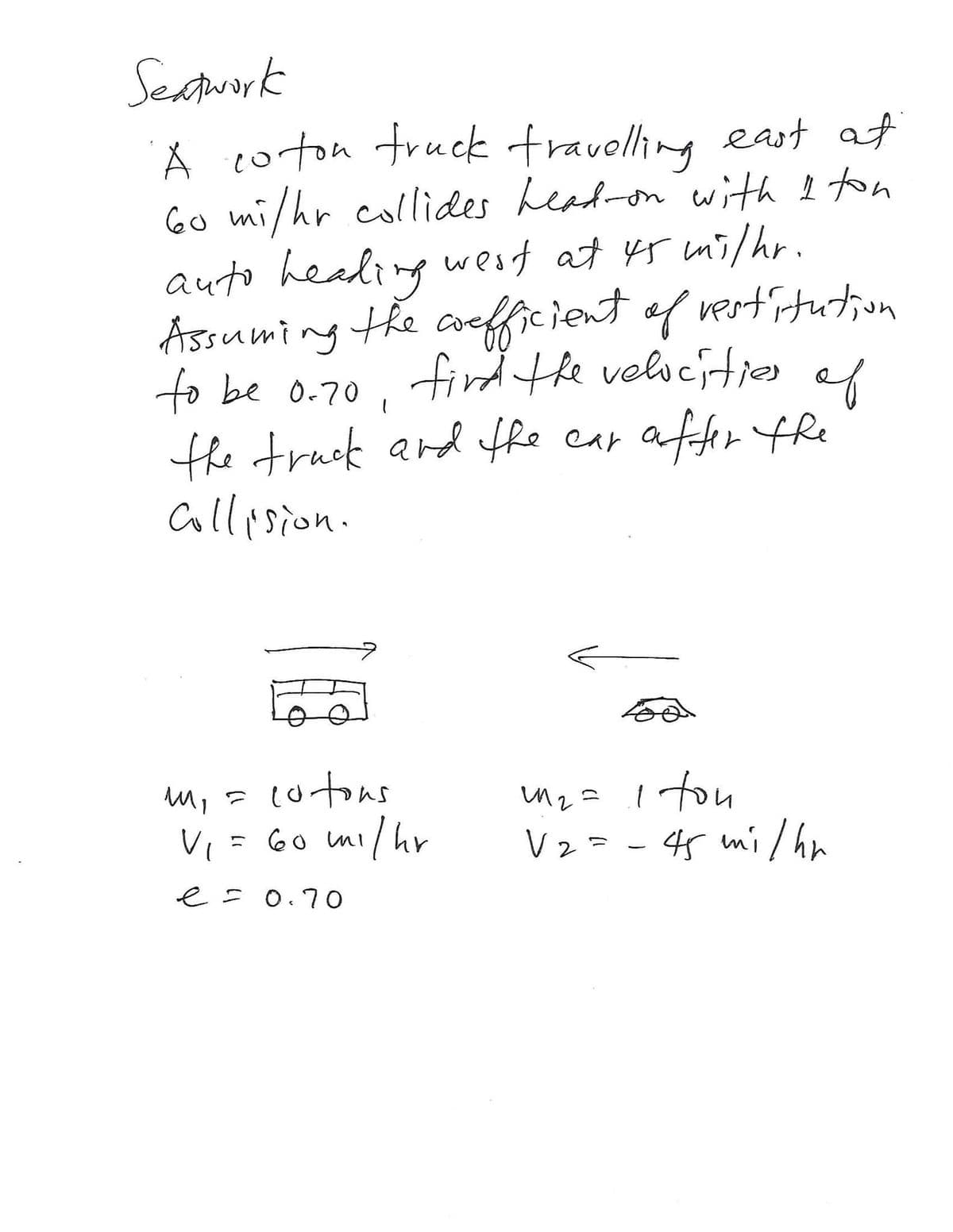 Seatwork
A coton truck travelling east at
Go mi/hr collides head-on with I ton
auto heading west at 45 mi/hr.
Assuming the coefficient of restitution
to be 0.70
find the velocities of
1
the truck and the car after the
collision.
m₂ =
I tou
V2=-45 mi/hr
16
m₁ = cotons
V₁ = 60 mi/hr
e = 0.70