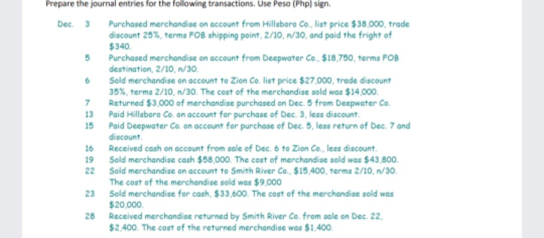 Prepare the journal entries for the following transactions. Use Peso (Php) sign.
Dec. 3
Purchased merchandise on account from Hillsboro Co., list price $38,000, trade
discount 25%, terms FOB shipping point, 2/10, n/30, and paid the fright of
$340.
Purchased merchandise on account from Deepwater Co. $18,750, terms FOB
destination, 2/10, n/30.
Sold merchandise on account to Zion Co. list price $27,000, trade discount
35%, terms 2/10, n/30. The cost of the merchandise sold was $14,000.
Returned $3,000 of merchandise purchased on Dec. 5 from Deepwater Co.
Paid Hillsboro Co. on account for purchase of Dec. 3, less discount.
15
13
Paid Deepwater Co. on account for purchase of Dec. 5, less return of Dec. 7 and
discount.
16
Received cash on account from sale of Dec. 6 to Zion C., less discount.
Sold merchandise cash $58,000. The cost of merchandise sold was $43,800.
Sold merchandise on account to Smith River Co., $15,400, terms 2/10, n/30.
The cost of the merchandise sold was $9,000
Sold merchandise for cash, $33,600. The cost of the merchandise sold was
$20,000.
Received merchandise returned by Smith River Co. from sale on Dec. 22,
$2.400. The cost of the returned merchandise was $1,400.
19
22
23
28
