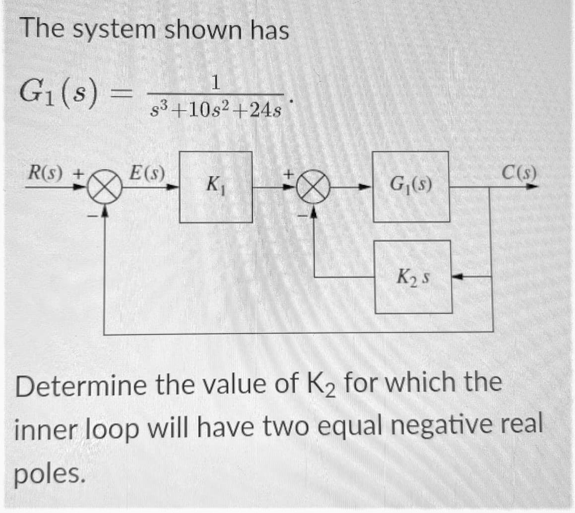 The system shown has
G₁ (s) =
1
s3+10s2+24s
R(S) + E(s)
K₁ 0
G₁(s)
K₂ S
C(s)
Determine the value of K₂ for which the
inner loop will have two equal negative real
poles.