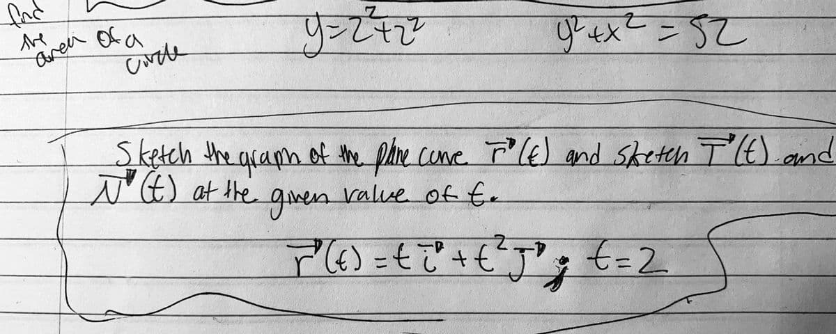 the
aren
Of a
Sketch the qraph of the p
are cone lE) and Sheth Tt) and
NE) at the
(t)
gven
valve of t.
r
%3D2
