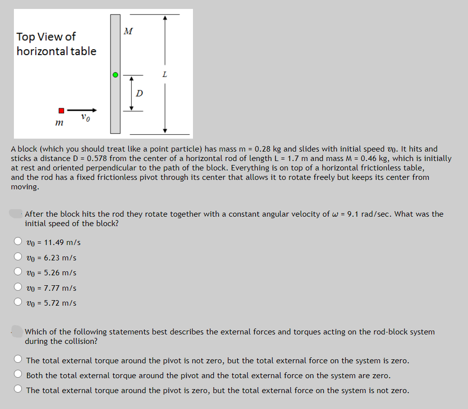 M
Top View of
horizontal table
D
Vo
m
A block (which you should treat like a point particle) has mass m = 0.28 kg and slides with initial speed vo. It hits and
sticks a distance D = 0.578 from the center of a horizontal rod of length L = 1.7 m and mass M = 0.46 kg, which is initially
at rest and oriented perpendicular to the path of the block. Everything is on top of a horizontal frictionless table,
and the rod has a fixed frictionless pivot through its center that allows it to rotate freely but keeps its center from
moving.
After the block hits the rod they rotate together with a constant angular velocity of w = 9.1 rad/sec. What was the
initial speed of the block?
vo = 11.49 m/s
vo = 6.23 m/s
%3D
vo = 5.26 m/s
vo = 7.77 m/s
vo = 5.72 m/s
Which of the following statements best describes the external forces and torques acting on the rod-block system
during the collision?
The total external torque around the pivot is not zero, but the total external force on the system is zero.
Both the total external torque around the pivot and the total external force on the system are zero.
The total external torque around the pivot is zero, but the total external force on the system is not zero.
