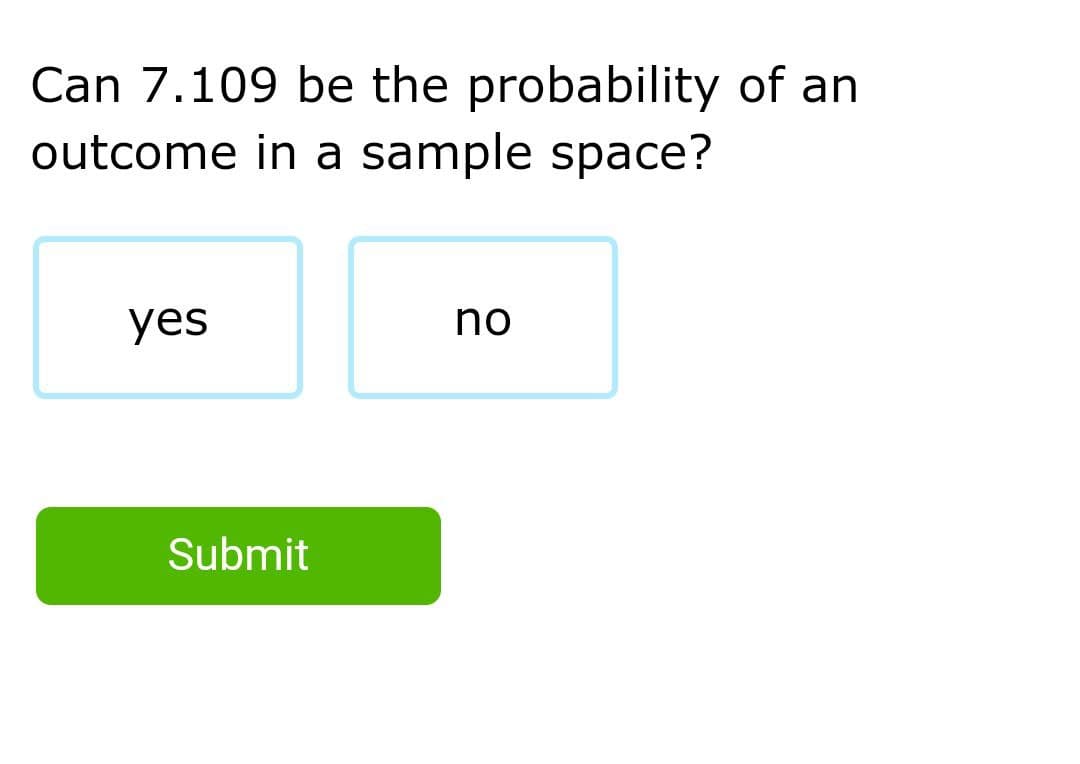 Can 7.109 be the probability of an
outcome in a sample space?
yes
no
Submit
