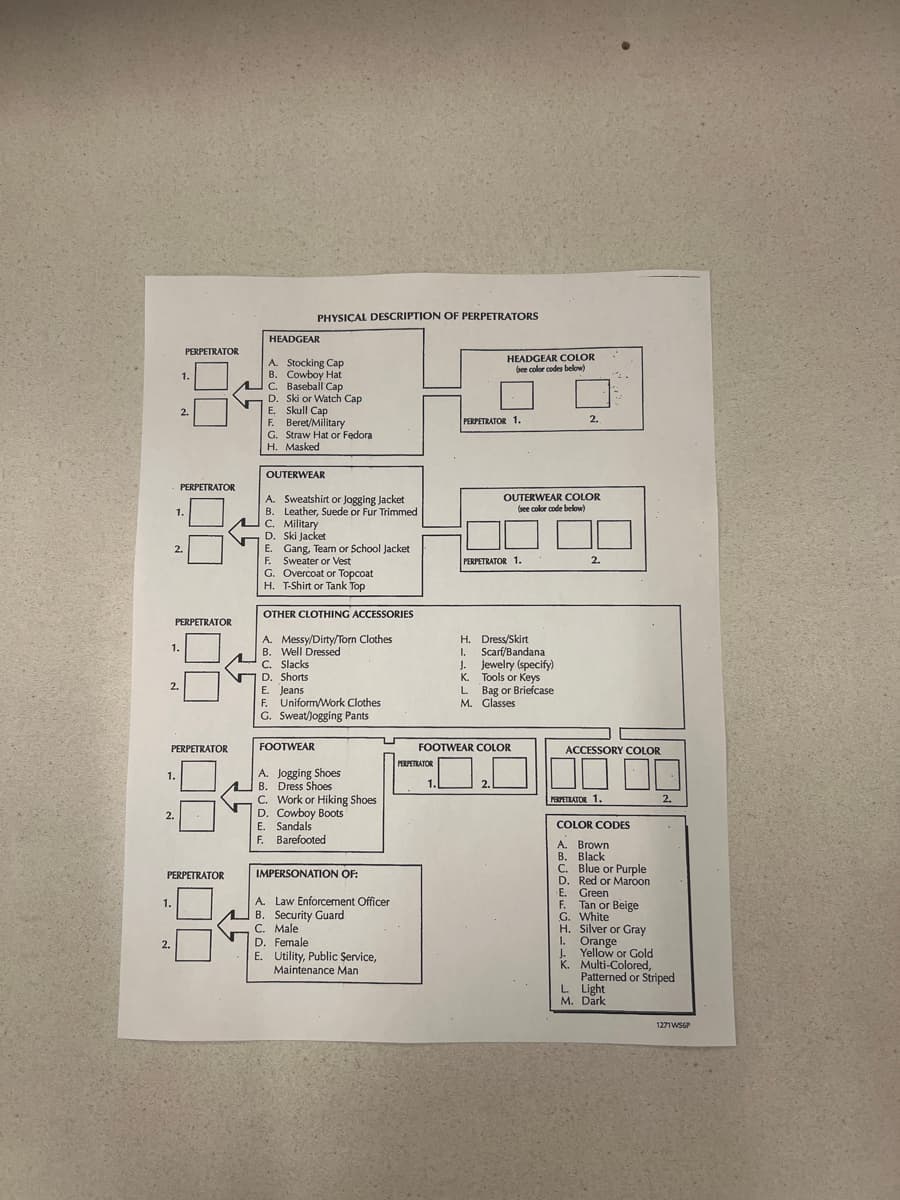 HEADGEAR
PHYSICAL DESCRIPTION OF PERPETRATORS
PERPETRATOR
A. Stocking Cap
1.
B. Cowboy Hat
C. Baseball Cap
PERPETRATOR
D. Ski or Watch Cap
E. Skull Cap
F.
Beret/Military
G. Straw Hat or Fedora
H. Masked
OUTERWEAR
A. Sweatshirt or Jogging Jacket
B. Leather, Suede or Fur Trimmed
C. Military
D. Ski Jacket
Gang, Team or School Jacket
2.
E.
F. Sweater or Vest
G. Overcoat or Topcoat
H. T-Shirt or Tank Top
OTHER CLOTHING ACCESSORIES
HEADGEAR COLOR
(see color codes below)
PERPETRATOR 1.
2.
OUTERWEAR COLOR
(see color code below)
PERPETRATOR 1.
2.
PERPETRATOR
A. Messy/Dirty/Torn Clothes
H. Dress/Skirt
B. Well Dressed
1.
Scarf/Bandana
C. Slacks
J.
Jewelry (specify)
2.
PERPETRATOR
D. Shorts
E. Jeans
F. Uniform/Work Clothes
G. Sweat/Jogging Pants
FOOTWEAR
K. Tools or Keys
L. Bag or Briefcase
M. Glasses
1.
2.
1.
2.
PERPETRATOR
A. Jogging Shoes
B. Dress Shoes
C. Work or Hiking Shoes
D. Cowboy Boots
E. Sandals
F.
Barefooted
IMPERSONATION OF:
A. Law Enforcement Officer
B. Security Guard
C. Male
D. Female
E. Utility, Public Service,
Maintenance Man
FOOTWEAR COLOR
ACCESSORY COLOR
PERPETRATOR
1.
2.
PERPETRATOR 1.
COLOR CODES
A. Brown
B. Black
C. Blue or Purple
D. Red or Maroon
E.
Green
F. Tan or Beige
G. White
H. Silver or Gray
1.
Orange
J. Yellow or Gold
K. Multi-Colored,
2.
Patterned or Striped
L. Light
M. Dark
1271WSGP