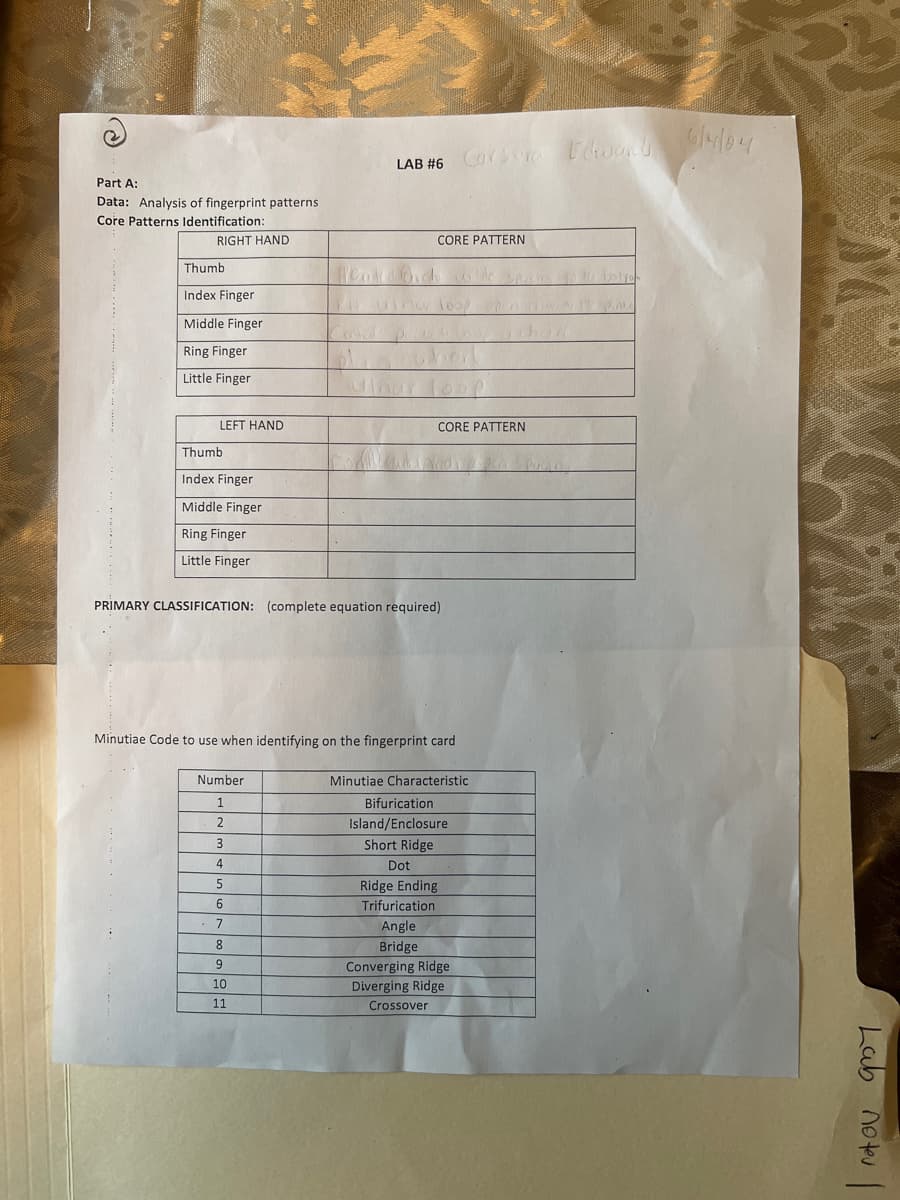 @
Part A:
Data: Analysis of fingerprint patterns.
Core Patterns Identification:
RIGHT HAND
Thumb
Index Finger
Middle Finger
Ring Finger
Little Finger
LAB #6 Corra Edward
CORE PATTERN
loop
LEFT HAND
CORE PATTERN
Thumb
Index Finger
Middle Finger
Ring Finger
Little Finger
PRIMARY CLASSIFICATION: (complete equation required)
Minutiae Code to use when identifying on the fingerprint card
Number
1
2
3
4
5
6
7
8
9
10
11
Minutiae Characteristic
Bifurication
Island/Enclosure
Short Ridge
Dot
Ridge Ending
Trifurication
Angle
Bridge
Converging Ridge
Diverging Ridge
Crossover
6/4/84
Lab notev