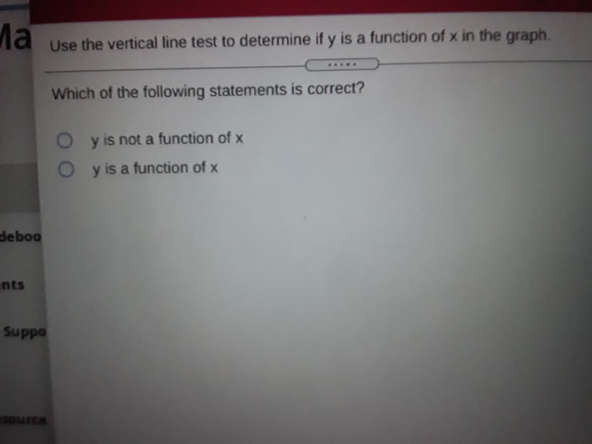 Ma
Use the vertical line test to determine if y is a function of x in the graph.
.....
Which of the following statements is correct?
y is not a function of x
O y is a function of x
deboo
nts
oddng
