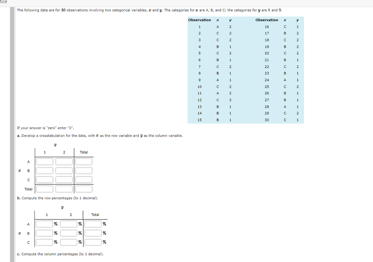 tice
The following data are for 30 observations involving two categorical variables, and y. The categories for are A, B, and C; the categories for y are 1 and 2.
Observation
Observation
1
16
2
17
3
4
5
6
7
8
If your answer is "zero" enter "0".
a. Develop a crosstabulation for the data, with as the row variable and y as the column variable.
X
A
B
с
Total
A
B
1
с
b. Compute the row percentages (to 1 decimal).
Y
31
1
%
2
%
Total
2
%
%
%
Total
%
%
%
c. Compute the column percentages (to 1 decimal).
9
10
11
12
13
14
15
A
с
с
B
с
B
с
B
A
с
A
с
B
B
B
y
2
2
2
1
2
1
2
1
1
2
2
2
1
1
1
18
19
20
21
22
23
24
25
26
27
28
29
30
X
с
B
с
B
с
B
C с
B
A
с
B
B
AUU
А
с
с
y
1
2
2
2
2
1
2
1
1
2
1
1
1
2
1