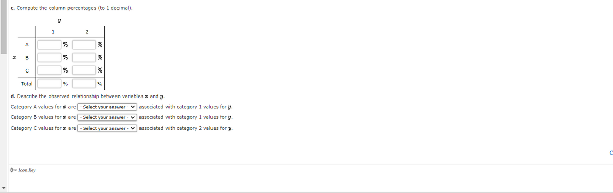 c. Compute the column percentages (to 1 decimal).
1
A
%
D
B
%
с
%
%
2
Icon Key
%
%
%
Total
d. Describe the observed relationship between variables and y.
Category A values for are - Select your answer
✓associated with category 1 values for y.
Category B values for
- Select your answer
associated with category 1 values for y.
are
are - Select your answer - associated with category 2 values for y.
Category C values for
%
C