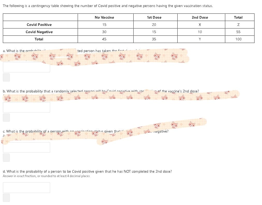 The following is a contingency table showing the number of Covid positive and negative persons having the given vaccination status.
No Vaccine
1st Dose
2nd Dose
Total
Covid Positive
15
20
Covid Negative
30
15
10
55
Total
45
35
100
a. What is the prohahili
ted person has taken tho fira
b. What is the probability that a randomly selected nerson will bormvid nogativo arith
hcor
of the vaccine's 2nd dose?
c. What is the probability of a person with nn.
tatus given that"
. vegative?
d. What is the probability of a person to be Covid positive given that he has NOT completed the 2nd dose?
Answer in exact fraction, or rounded to at least 4 decimal places
