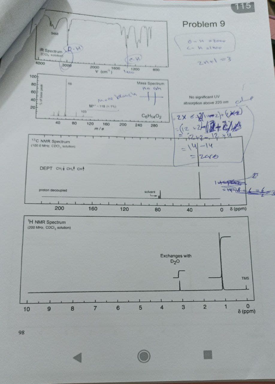 115
Problem 9
3458
R-H)
IR Spectrum
(CO soktiory
4000
zn+l=3
3000
2000
1600
1200
800
v (cm')
100
80
Mass Spectrum
60
Mate banch
M 118 1S)
40
No significant UV
absorption above 220 nm
20-
103
CeH1402
40
80
120
160
200
240
280
m/e
13C NMR Spectrum
(100 O MHz CDCI, solution)
-1-14
=zaro
DEPT CH CH, CH
proton decoupled
solvent
200
160
120
80
40
8 (ppm)
'H NMR Spectrum
(200 MHz. CDCI, solution)
Exchanges with
D20
TMS
9.
4.
3
8 (ppm)
98
ead aseps
10
