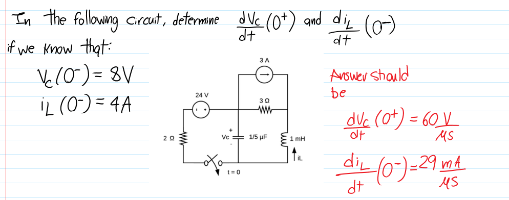 In the following ciraut, defermne dVc (0*) and die
(0)
at
if we Know that:
3 A
Vl0) = 8V
iL (0) = 4A
Anower shauld
%3D
be
24 V
dve (ot) = 60_V
MS
Vc = 1/5 µF
1 mH
diL
T İL
|-29 mA
시S
t= 0
dt
