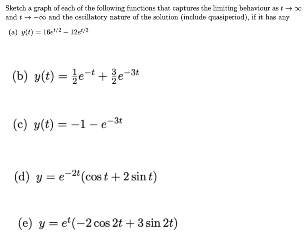 Sketch a graph of each of the following functions that captures the limiting behaviour as t → ∞
and t → -00 and the oscillatory nature of the solution (include quasiperiod), if it has any.
(a) y(t) = 16e*/2 – 12e*/3
3t
(b) y(t) = }e=t +
(c) y(t) = –1 – e-3t
