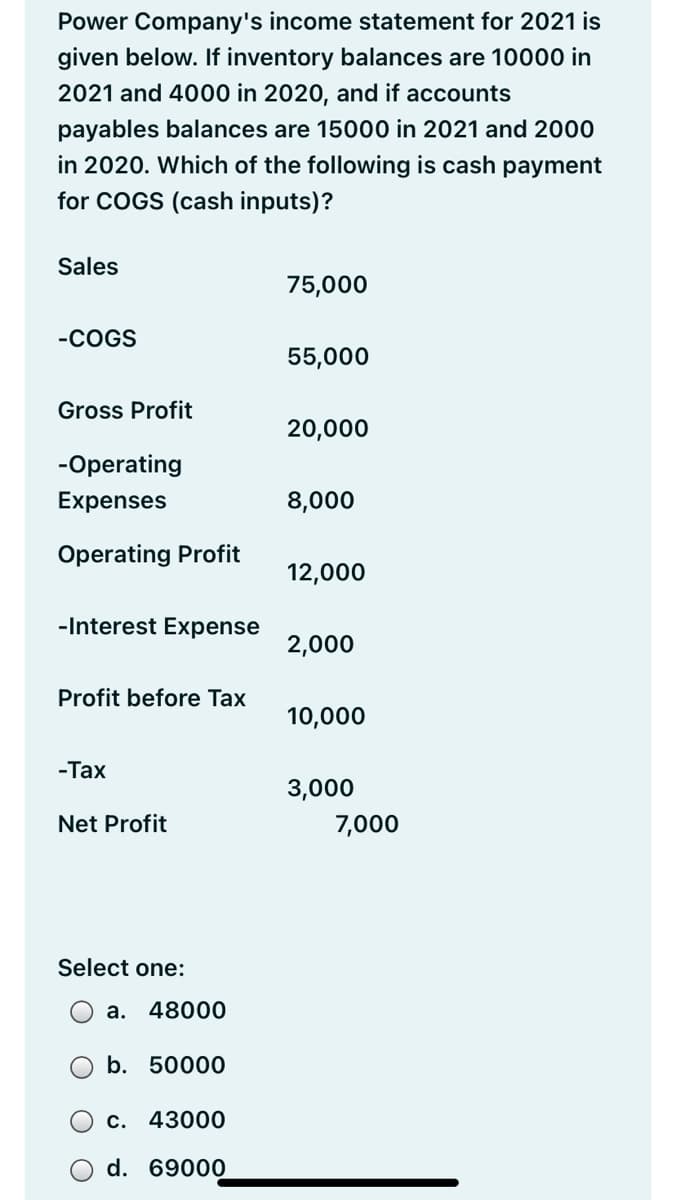 Power Company's income statement for 2021 is
given below. If inventory balances are 10000 in
2021 and 4000 in 2020, and if accounts
payables balances are 15000 in 2021 and 2000
in 2020. Which of the following is cash payment
for COGS (cash inputs)?
Sales
75,000
-СOGS
55,000
Gross Profit
20,000
-Operating
Expenses
8,000
Operating Profit
12,000
-Interest Expense
2,000
Profit before Tax
10,000
-Тах
3,000
Net Profit
7,000
Select one:
а.
48000
b. 50000
c. 43000
d. 69000
