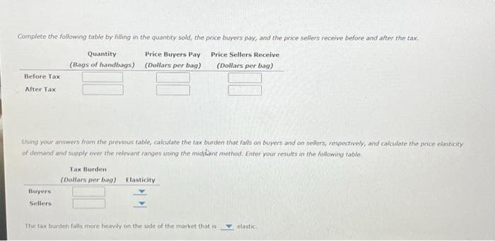 Complete the following table by filling in the quantity sold, the price buyers pay, and the price sellers receive before and after the tax.
Price Buyers Pay
(Dollars per bag)
Price Sellers Receive
(Dollars per bag)
Before Tax-
After Tax
Quantity
(Bags of handbags)
Using your answers from the previous table, calculate the tax burden that falls on buyers and on sellers, respectively, and calculate the price elasticity
of demand and supply over the relevant ranges using the middant method. Enter your results in the following table.
Buyers
Sellers
Tax Burden.
(Dollars per bag) Elasticity
The tax burden falls more heavily on the side of the market that is
elastic.