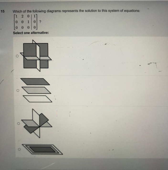 15
Which of the following diagrams represents the solution to this system of equations:
[120/1]
0
0 1
0 ?
0 0 0 0
Select one alternative:
白阳