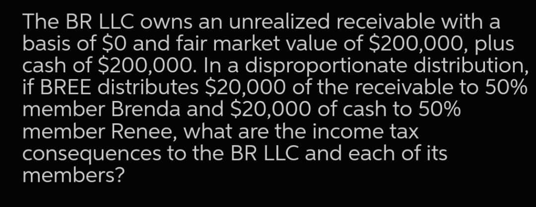 The BR LLC owns an unrealized receivable with a
basis of $0 and fair market value of $200,000, plus
cash of $200,000. In a disproportionate distribution,
if BREE distributes $20,000 of the receivable to 50%
member Brenda and $20,000 of cash to 50%
member Renee, what are the income tax
consequences to the BR LLC and each of its
members?
