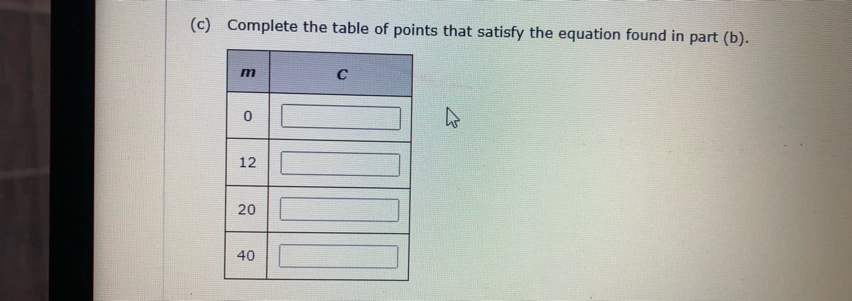 (c) Complete the table of points that satisfy the equation found in part (b).
C
12
40
20
