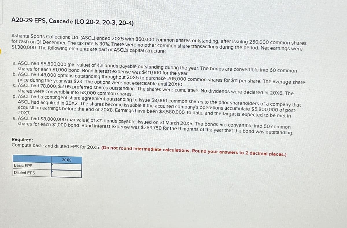 A20-29 EPS, Cascade (LO 20-2, 20-3, 20-4)
Ashante Sports Collections Ltd. (ASCL) ended 20X5 with 860,000 common shares outstanding, after Issuing 250,000 common shares
for cash on 31 December. The tax rate is 30%. There were no other common share transactions during the period. Net earnings were
$1,380,000. The following elements are part of ASCL's capital structure:
a. ASCL had $5,800,000 (par value) of 4% bonds payable outstanding during the year. The bonds are convertible into 60 common
shares for each $1,000 bond. Bond Interest expense was $411,000 for the year.
b. ASCL had 48,000 options outstanding throughout 20X5 to purchase 205,000 common shares for $11 per share. The average share
price during the year was $23. The options were not exercisable until 20X10.
c. ASCL had 78,000, $2.05 preferred shares outstanding. The shares were cumulative. No dividends were declared in 20X6. The
shares were convertible Into 58,000 common shares.
d. ASCL had a contingent share agreement outstanding to Issue 58,000 common shares to the prior shareholders of a company that
ASCL had acquired in 20X2. The shares become issuable if the acquired company's operations accumulate $5,800,000 of post-
acquisition earnings before the end of 20X8. Earnings have been $3,580,000, to date, and the target is expected to be met in
20X7
e. ASCL had $8,800,000 (par value) of 3% bonds payable, Issued on 31 March 20X5 The bonds are convertible Into 50 common
shares for each $1,000 bond. Bond Interest expense was $289,750 for the 9 months of the year that the bond was outstanding.
Required:
Compute basic and diluted EPS for 20X5 (Do not round Intermediate calculations. Round your answers to 2 decimal places.)
Basic EPS
Diluted EPS
20X5