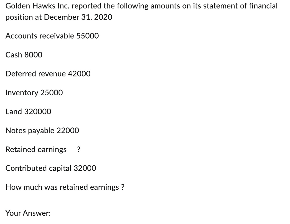 Golden Hawks Inc. reported the following amounts on its statement of financial
position at December 31, 2020
Accounts receivable 55000
Cash 8000
Deferred revenue 42000
Inventory 25000
Land 320000
Notes payable 22000
Retained earnings ?
Contributed capital 32000
How much was retained earnings ?
Your Answer: