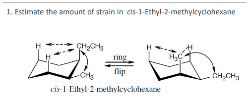 1. Estimate the amount of strain in cis-1-Ethyl-2-methylcyclohexane
H
CH2CH3
ring
H3C
-CH3
flip
CH2CH3
cis-1-Ethyl-2-methylcyclohexane
