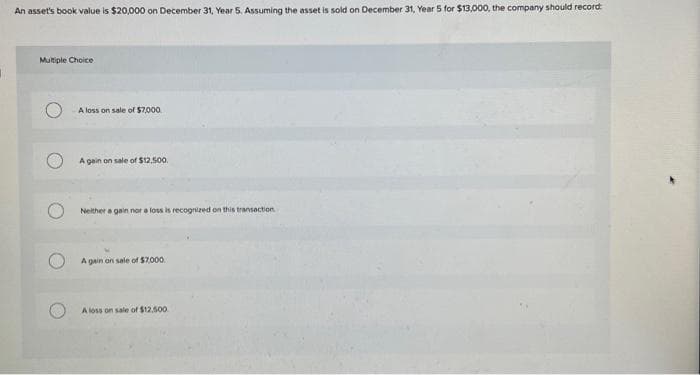 An asset's book value is $20,000 on December 31, Year 5, Assuming the asset is sold on December 31, Year 5 for $13,000, the company should record:
Multiple Choice
A loss on sale of $7,000
A gain on sale of $12,500.
Neither a gain nor a loss is recognized on this transaction
A gain on sale of $7,000
A loss on sale of $12.500