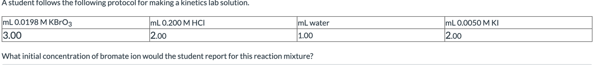 A student follows the following protocol for making a kinetics lab solution.
mL 0.0198 M KBrO3
3.00
mL 0.200 M HCI
2.00
mL water
1.00
What initial concentration of bromate ion would the student report for this reaction mixture?
mL 0.0050 M KI
2.00