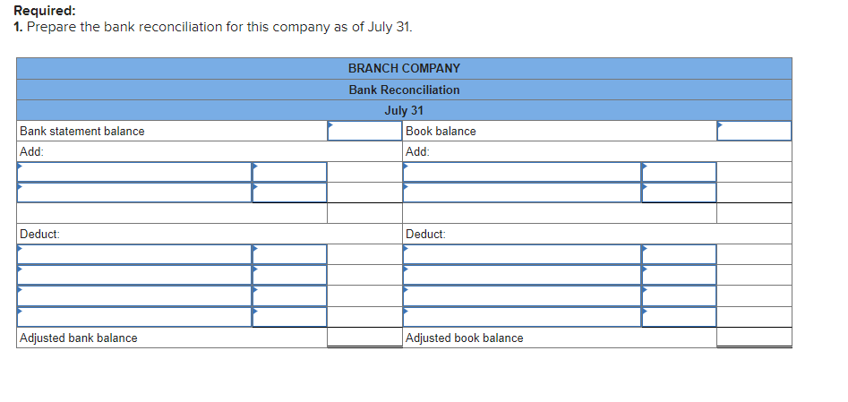 Required:
1. Prepare the bank reconciliation for this company as of July 31.
Bank statement balance
Add:
Deduct:
Adjusted bank balance
BRANCH COMPANY
Bank Reconciliation
July 31
Book balance
Add:
Deduct:
Adjusted book balance