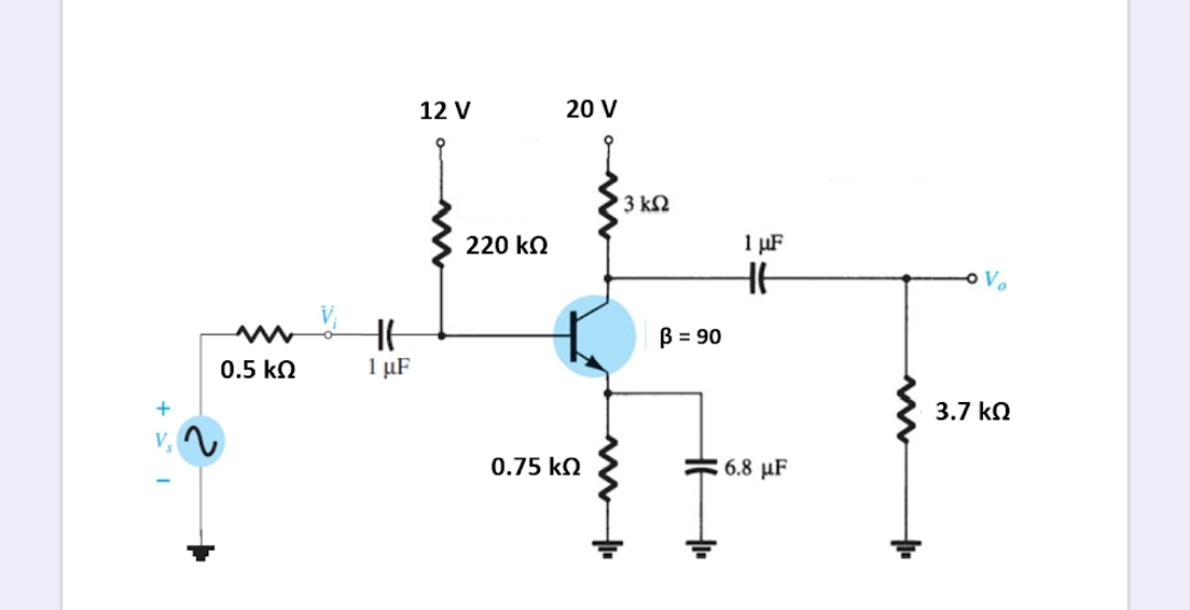 12 V
20 V
3 kQ
220 kn
1 µF
Vo
B = 90
0.5 kn
1 µF
3.7 kN
V.
0.75 kN
6.8 μF
> o
