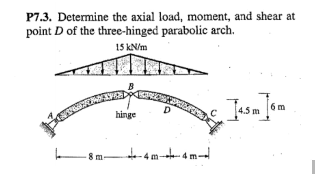 P7.3. Determine the axial load, moment, and shear at
point D of the three-hinged parabolic arch.
15 kN/m
B
Jasm
6 m
hinge
8 m-
- 4 m--
