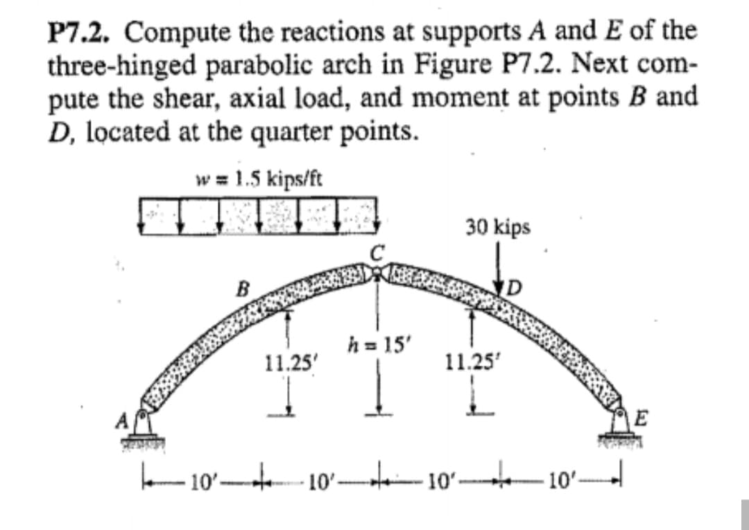 P7.2. Compute the reactions at supports A and E of the
three-hinged parabolic arch in Figure P7.2. Next com-
pute the shear, axial load, and moment at points B and
D, located at the quarter points.
w = 1.5 kips/ft
30 kips
h = 15'
11.25'
11.25'
E
10ʻ--- 10'-
10
10'-
