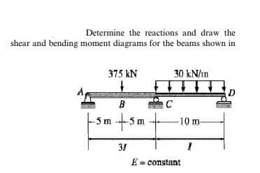 Determine the reactions and draw the
shear and bending moment diagrams for the beams shown in
375 kN
30 kN/m
B
5m +
5 m
-10m-
31
E = constant
