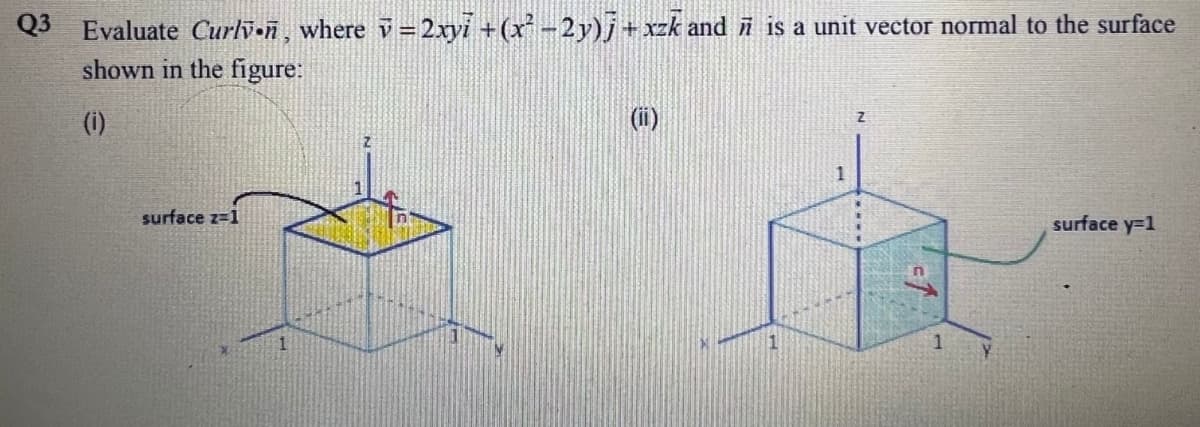 Q3 Evaluate Curlv-ñ , where v=2xyi +(x -2y)j+xzk and ñ is a unit vector normal to the surface
shown in the figure:
(i)
(i)
surface z-1
surface y=1
