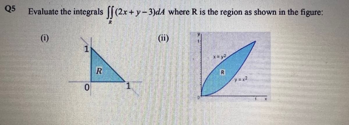 Q5
Evaluate the integrals || (2x+ y-3)dA where R is the region as shown in the figure:
R
(i)
(ii)
x = y
R
