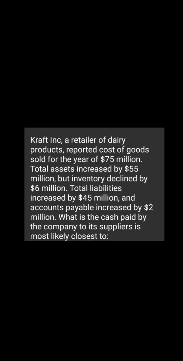 Kraft Inc, a retailer of dairy
products, reported cost of goods
sold for the year of $75 million.
Total assets increased by $55
million, but inventory declined by
$6 million. Total liabilities
increased by $45 million, and
accounts payable increased by $2
million. What is the cash paid by
the company to its suppliers is
most likely closest to:
