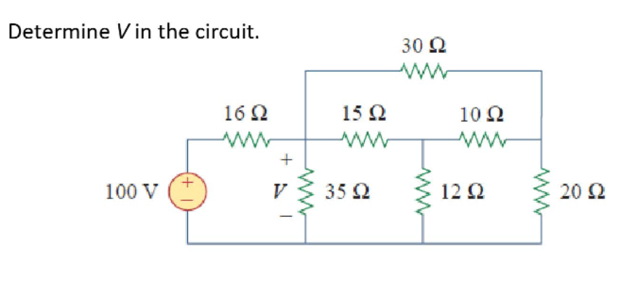 Determine Vin the circuit.
30 Q
16 2
15 2
10 Ω
ww
ww
100 V
V
35 2
12 Q
20 Ω
ww
+
