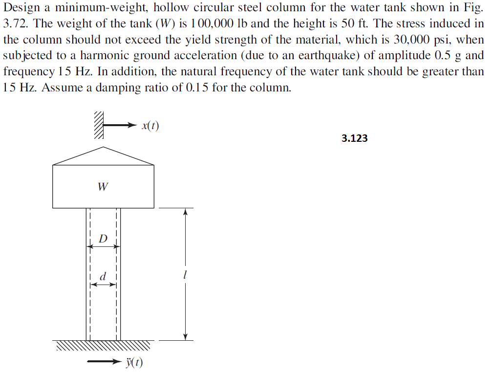 Design a minimum-weight, hollow circular steel column for the water tank shown in Fig.
3.72. The weight of the tank (W) is 100,000 lb and the height is 50 ft. The stress induced in
