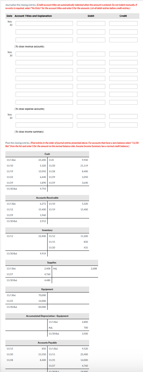 Journalize the closing entries. (Credit account tities are automatically indented when the amount is entered. Do not indent manually. If
no entry is required, select "No Entry" for the account titles and enter O for the amounts. List all debit entries before credit entries.)
Date Account Titles and Explanation
Nov.
30
Nov.
30
Nov.
30
11/10
11/19
11/1 Bal.
Post the closing entries. (Post entries in the order of journal entries presented above. For accounts that have a zero balance select "11/30
Bal." from the list and enter O for the amount on the normal balance side. Assume Income Summary has a normal credit balance.)
11/12
11/22
11/29
11/30 Bal
11/29
11/1 Bal.
(To close revenue accounts)
11/11
(To close expense accounts)
(To close income summary)
11/30 Bal.
11/27
11/30 Bal.
11/1 Bal.
11/25
11/30 Bal
11/1 Bal.
11/15
11/20
11/28
11/30 Bal.
Cash
25,200 11/8
5,320 11/20
15,092 11/28
6,440 11/29
1,890 11/29
9,793
Accounts Receivable
6,272 11/10
15,400 11/19
1,960
2,912
Inventory
22,400 11/12
9,919
11/15
Supplies
2,408 Adj.
4,760
4,480
70,000
11/20
Equipment
14,000
84,000
Accumulated Depreciation-Equipment
11/1 Bal.
Adj.
11/30 Bal.
Accounts Payable
850 11/1 Bal.
21,550 11/11
8,400 11/25
11/27
Debit
11/20 -
9,940
21,119
8,400
1,050
3,640
5.320
15,400
11.200
850
431
2,800
700
3,500
9,520
22,400
14,000
4,760
19 990
Credit
2,688