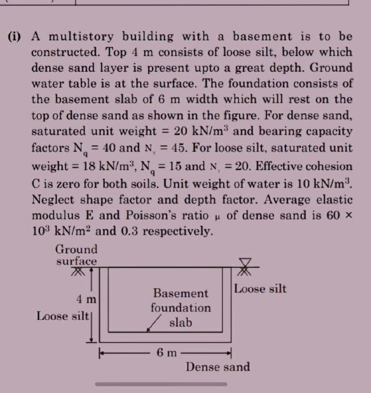 (i) A multistory building with a basement is to be
constructed. Top 4 m consists of loose silt, below which
dense sand layer is present upto a great depth. Ground
water table is at the surface. The foundation consists of
the basement slab of 6 m width which will rest on the
top of dense sand as shown in the figure. For dense sand,
saturated unit weight = 20 kN/m³ and bearing capacity
factors N₁ = 40 and N₁ = 45. For loose silt, saturated unit
weight = 18 kN/m³, N = 15 and N, = 20. Effective cohesion
C is zero for both soils. Unit weight of water is 10 kN/m³.
Neglect shape factor and depth factor. Average elastic
modulus E and Poisson's ratio of dense sand is 60 ×
103 kN/m² and 0.3 respectively.
Ground
surface
X
4 m
Loose silt]
Basement
foundation
slab
1
6 m
*
Loose silt
Dense sand