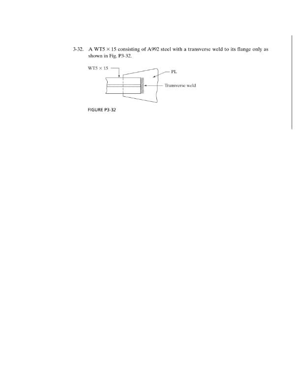 3-32. A WTS x 15 consisting of A992 steel with a transverse weld to its flange only as
shown in Fig. P3-32.
WTS x 15
PL
Transverse weld
FIGURE P3-32
