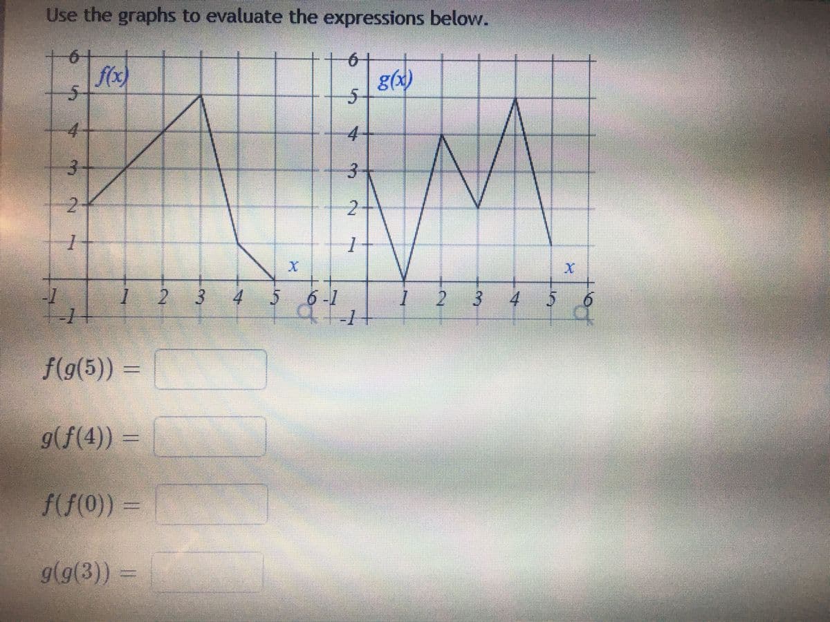 Use the graphs to evaluate the expressions below.
g(x)
4.
4-
3.
2.
2-
1
2 3 4
6 -1
f(g(5))=
g(f(4)) 3D
f(f(0)) =
g(g(3))%3D
