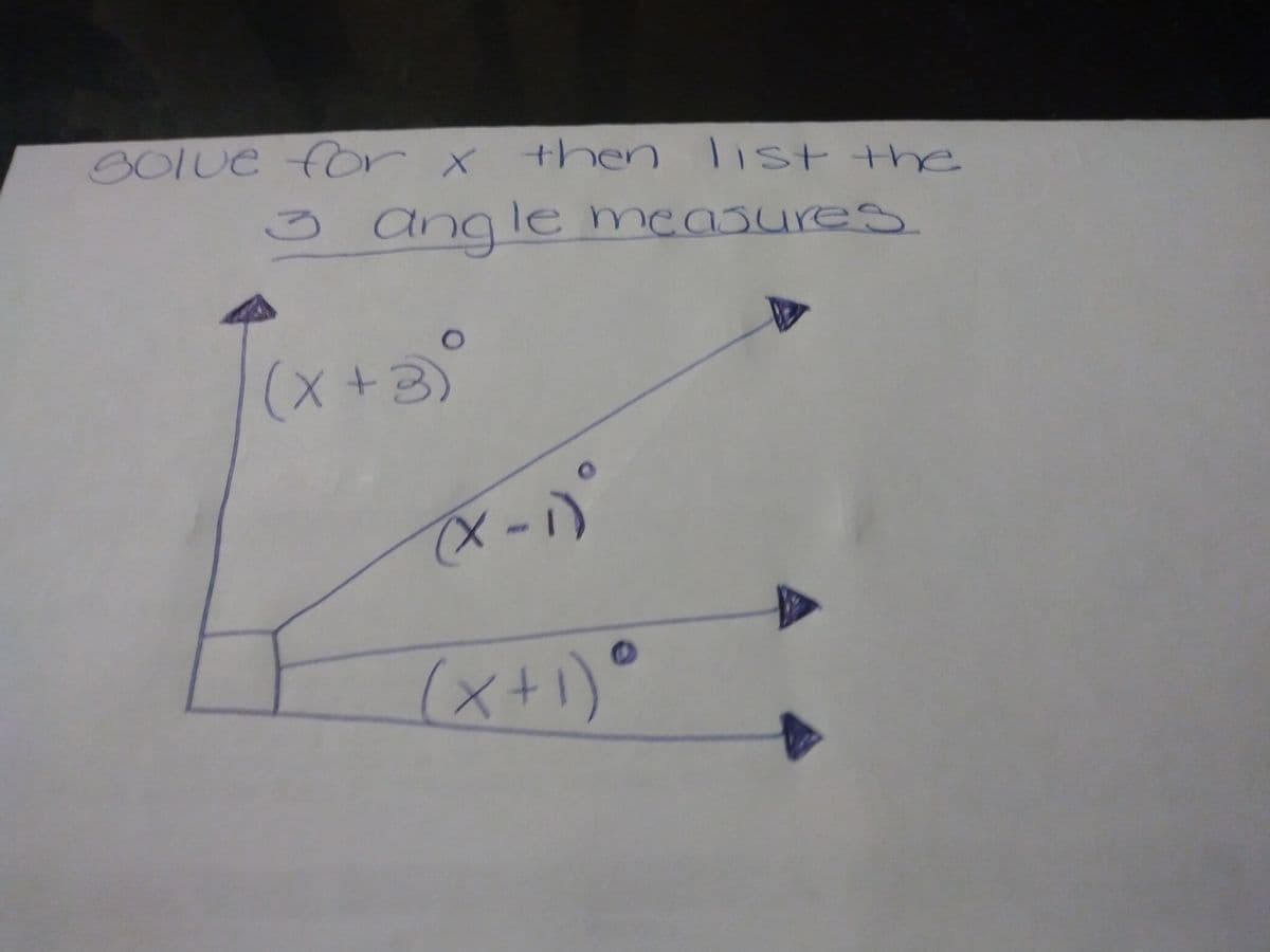 Golve for x then list the
3 angle measures
O
(x+3)
(x-1)°
(x+1) •