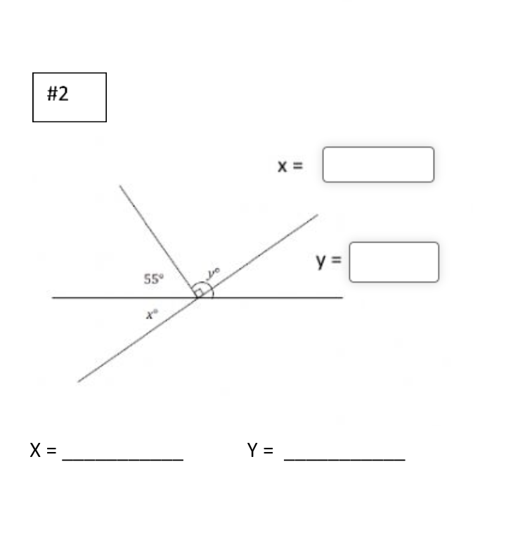 Here's a transcription and explanation of the diagram:

**Diagram Description:**

The diagram consists of three intersecting lines forming various angles. There are angles marked as \(55^\circ\), \(x^\circ\), and \(y^\circ\). The angles are positioned as follows:

1. \(55^\circ\) is an angle formed between a horizontal line and a diagonal line.
2. \(x^\circ\) is placed as the vertically opposite angle to \(55^\circ\), sharing the vertex with it.
3. \(y^\circ\) is adjacent to the \(55^\circ\) angle on the opposite side of the transversal line.

**Objective:**

The goal is to find the values of \(x\) and \(y\).

**Equations:**

- Vertically opposite angles are equal, so \(x = 55^\circ\).
- Since \(y\) and \(55^\circ\) form a linear pair (sum to \(180^\circ\)), you can use the equation:
  \[
  y + 55^\circ = 180^\circ
  \]
  \[
  y = 180^\circ - 55^\circ
  \]
  \[
  y = 125^\circ
  \]

**Blank Spaces for Solutions:**

```
X = ___________
Y = ___________
```

To fill these in, we have:

```
X = 55
Y = 125
```