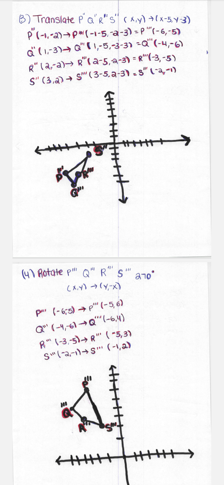 # Transformations in the Coordinate Plane

## (3) Translation

### Translation of Points P‴, Q‴, R‴, S‴

The translation process for moving a set of points \((x, y)\) involves shifting the x-coordinate by -5 and the y-coordinate by -3, leading to new coordinates \((x-5, y-3)\).

**Original to Translated Points:**

- \( P″ (-1, -2) \rightarrow P‴ (-6, -5) \)
- \( Q″ (1, -3) \rightarrow Q‴ (-4, -6) \)
- \( R″ (2, -2) \rightarrow R‴ (-3, -5) \)
- \( S″ (3, 2) \rightarrow S‴ (-2, -1) \)

### Diagram Explanation:

The diagram shows the translated points P‴, Q‴, R‴, and S‴ plotted on a coordinate plane. Arrows indicate the direction of translation from the original coordinates.

## (4) Rotation

### Rotation of Points P‴, Q‴, R‴, S‴ by 270°

To rotate points \((x, y)\) by 270° counterclockwise, transform each point to \((y, -x)\).

**Original to Rotated Points:**

- \( P‴ (-6, -5) \rightarrow P⁗ (-5, 6) \)
- \( Q‴ (-4, -6) \rightarrow Q⁗ (-6, 4) \)
- \( R‴ (-3, -5) \rightarrow R⁗ (-5, 3) \)
- \( S‴ (-2, -1) \rightarrow S⁗ (-1, 2) \)

### Diagram Explanation:

The second diagram shows the rotated points P⁗, Q⁗, R⁗, and S⁗ on the coordinate plane. The rotation is indicated with lines connecting the sequential points, illustrating the transformation.