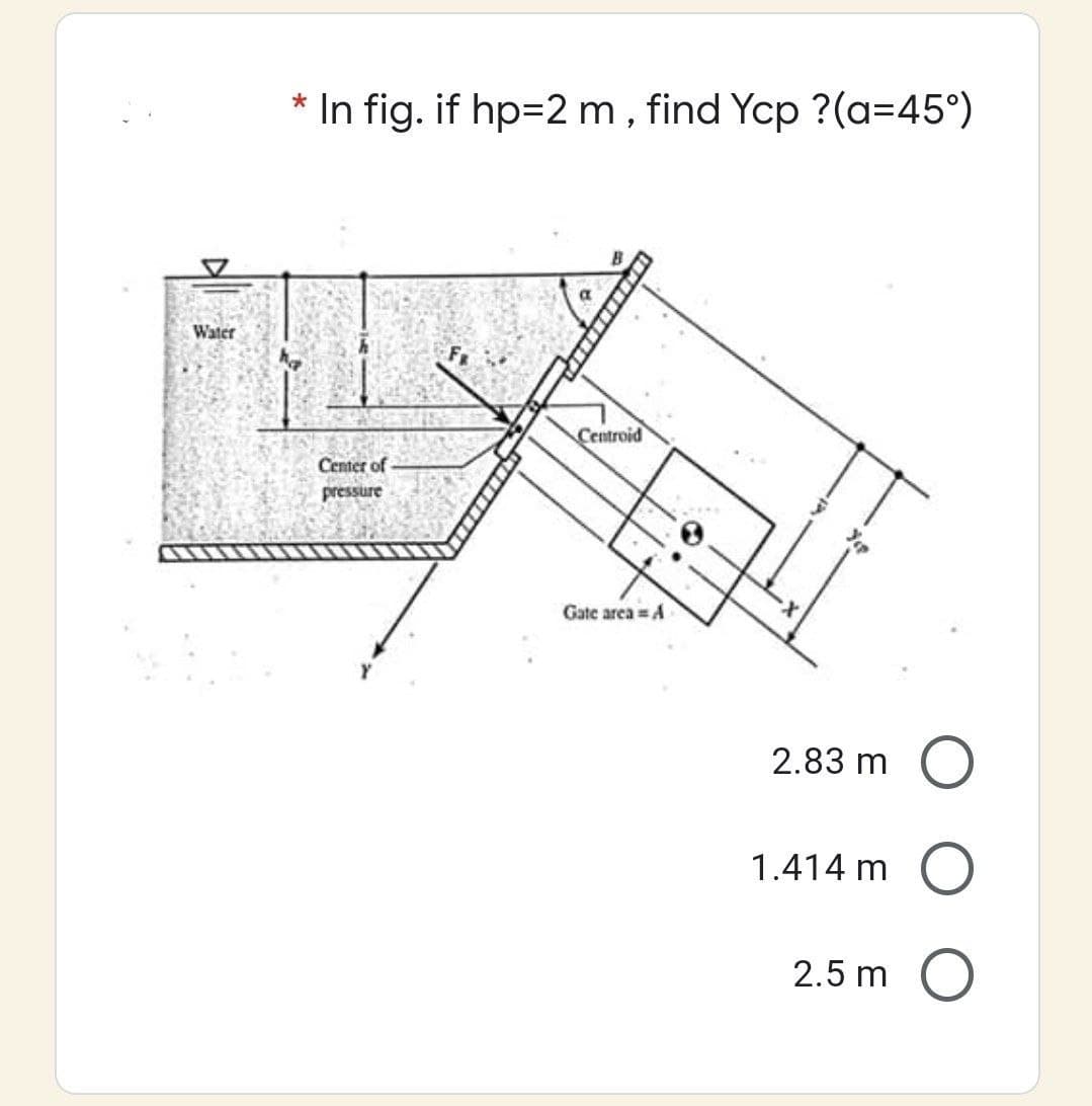 * In fig. if hp=2 m, find Ycp ?(a=45°)
Water
Centroid
Center of
pressure
Yep
Gate area =A
t.
2.83 m O
1.414 m
2.5 m O
