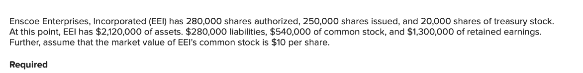 Enscoe Enterprises, Incorporated (EEI) has 280,000 shares authorized, 250,000 shares issued, and 20,000 shares of treasury stock.
At this point, EEI has $2,120,000 of assets. $280,000 liabilities, $540,000 of common stock, and $1,300,000 of retained earnings.
Further, assume that the market value of EEI's common stock is $10 per share.
Required