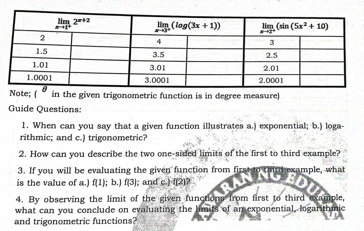 lim 2*+2
lim (log(3x +1))
lim (sin (5x2 + 10)
4
3
1.5
3.5
2.5
1.01
3.01
2.01
1.0001
3.0001
2.0001
Note; (
in the given trigonometric function is in degree measure)
Guide Questions:
1. When can you say that a given function illustrates a.) exponential; b.) loga-
rithmic; and c.) trigonometric?
2. How can you describe the two one-sided limits of the first to third example?
3. If you will be evaluating the given function from first to third example, -what
is the value of a.) f(1); b.) f(3); and c.) f(2)?
RANNO EDU
4. By observing the limit of the given functions frọm first to third example,
what can you conclude on evaluating the imits of an exponential, logarithmic
and trigonometric functions?
