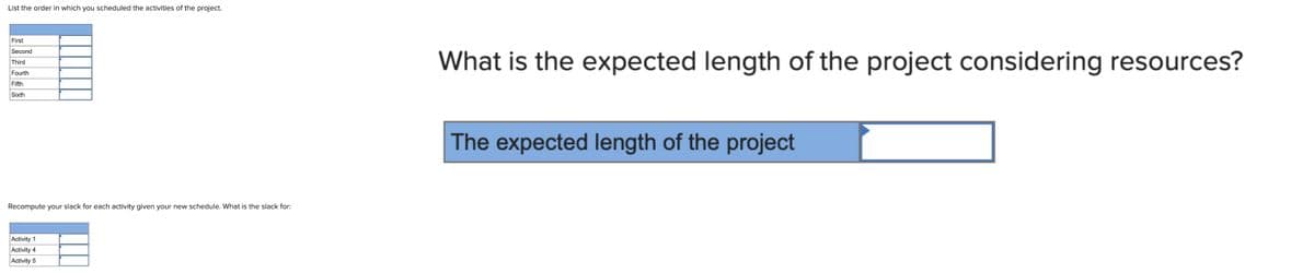 List the order in which you scheduled the activities of the project.
First
Second
Third
Fourth
Fifth
Sixth
Recompute your slack for each activity given your new schedule. What is the slack for:
Activity 1
Activity 4
Activity 5
What is the expected length of the project considering resources?
The expected length of the project