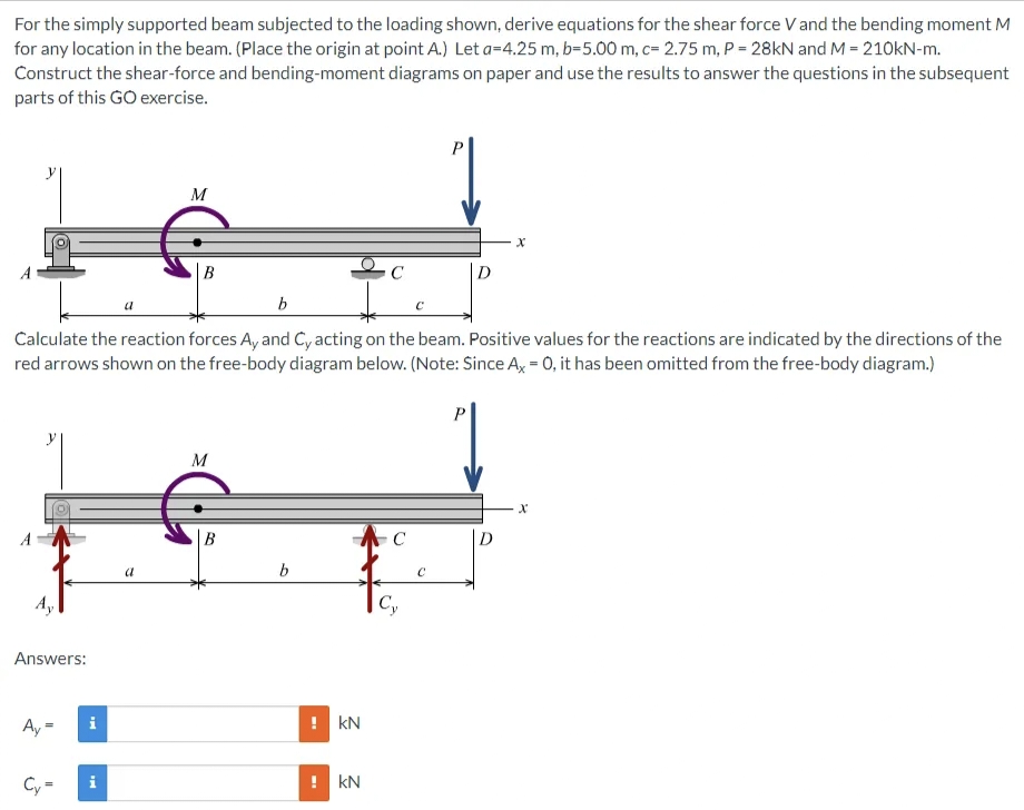 For the simply supported beam subjected to the loading shown, derive equations for the shear force V and the bending moment M
for any location in the beam. (Place the origin at point A.) Let a-4.25 m, b-5.00 m, c= 2.75 m, P=28kN and M = 210kN-m.
Construct the shear-force and bending-moment diagrams on paper and use the results to answer the questions in the subsequent
parts of this GO exercise.
Answers:
Ay=
b
Calculate the reaction forces Ay and Cy acting on the beam. Positive values for the reactions are indicated by the directions of the
red arrows shown on the free-body diagram below. (Note: Since Ax = 0, it has been omitted from the free-body diagram.)
Cy
=
i
i
M
a
B
M
b
! KN
C
! KN
C
Cy
C
C
P
X