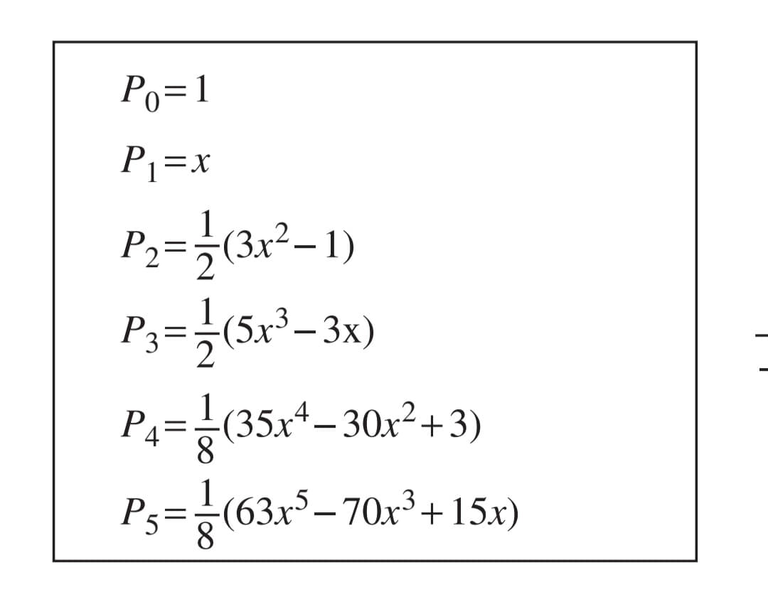 Po=1
P₁ = x
P₂ = 1/2 (3x²-1)
P3=-1-(5x³-3x)
P4=(35x² 30x²+3)
P₁= -(63x³-70x³+15x)
P5