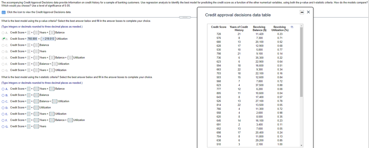 The accompanying Credit Approval Decisions data provide information on credit history for a sample of banking customers. Use regression analysis to identify the best model for predicting the credit score as a function of the other numerical variables, using both the p-value and t-statistic criteria. How do the models compare?
Which would you choose? Use a level of significance of 0.05.
E Click the icon to view the Credit Approval Decisions data.
i........
Credit approval decisions data table
.....
What is the best model using the p-value criteria? Select the best answer below and fill in the answer boxes to complete your choice.
(Type integers or decimals rounded to three decimal places as needed.)
Revolving
Utilization (%)
Credit Score Years of Credit
Revolving
Balance (S)
History
O A. Credit Score =
) Years + (O Balance
728
21
11,420
0.23
VB. Credit Score = 760.800 + (- 219.013) Utilization
576
8
7,300
0.71
680
13
20,100
0.52
O C. Credit Score =
O Balance
628
17
12,900
0.68
530
10
5,800
0.77
O D. Credit Score =
O Years
798
21
9,100
0.14
O E. Credit Score =
+ (O Years + () Balance + (DUtilization
35,300
736
6
0.22
623
6
22,900
0.64
O F. Credit Score =
+ (
Balance + (DUtilization
594
18
16,600
0.51
+O Years + ( Utilization
9,300
O G. Credit Score =
663
22
0.34
703
18
22,100
0.16
What is the best model using the t-statistic criteria? Select the best answer below and fill in the answer boxes to complete your choice.
503
15
12,600
0.84
568
7
7,800
0.72
(Type integers or decimals rounded to three decimal places as needed.)
623
4
37,500
0.88
O A. Credit Score =
Years + (DBalance
777
12
6,200
0.08
805
11
10,600
0.04
O B. Credit Score =
Balance
+
643
8
17,400
0.57
O C. Credit Score =
Balance +
Utilization
526
13
27,100
0.78
+
814
22
13,500
0.05
O D. Credit Score =
Utilization
+
766
4
11,300
0.72
O E. Credit Score =
Years +
Utilization
558
4
2,600
0.98
+
620
8
8,500
0.35
O F. Credit Score =
Years + (DBalance +
Uilization
+
645
14
16,100
0.23
691
2
3,400
0.11
O G. Credit Score =
Years
+
652
13
7,600
0.05
698
17
20,400
0.24
704
8
11,800
0.13
638
6
29,200
0.85
510
3
2,100
1.00
